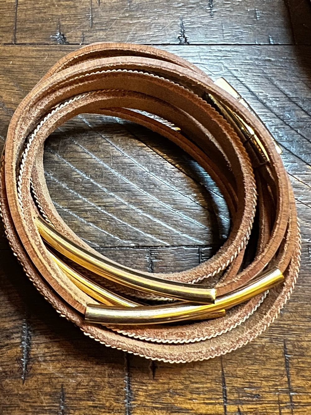 Layered Brown Leather Wrap Bracelet with Gold Accents - Picture 3 of 3